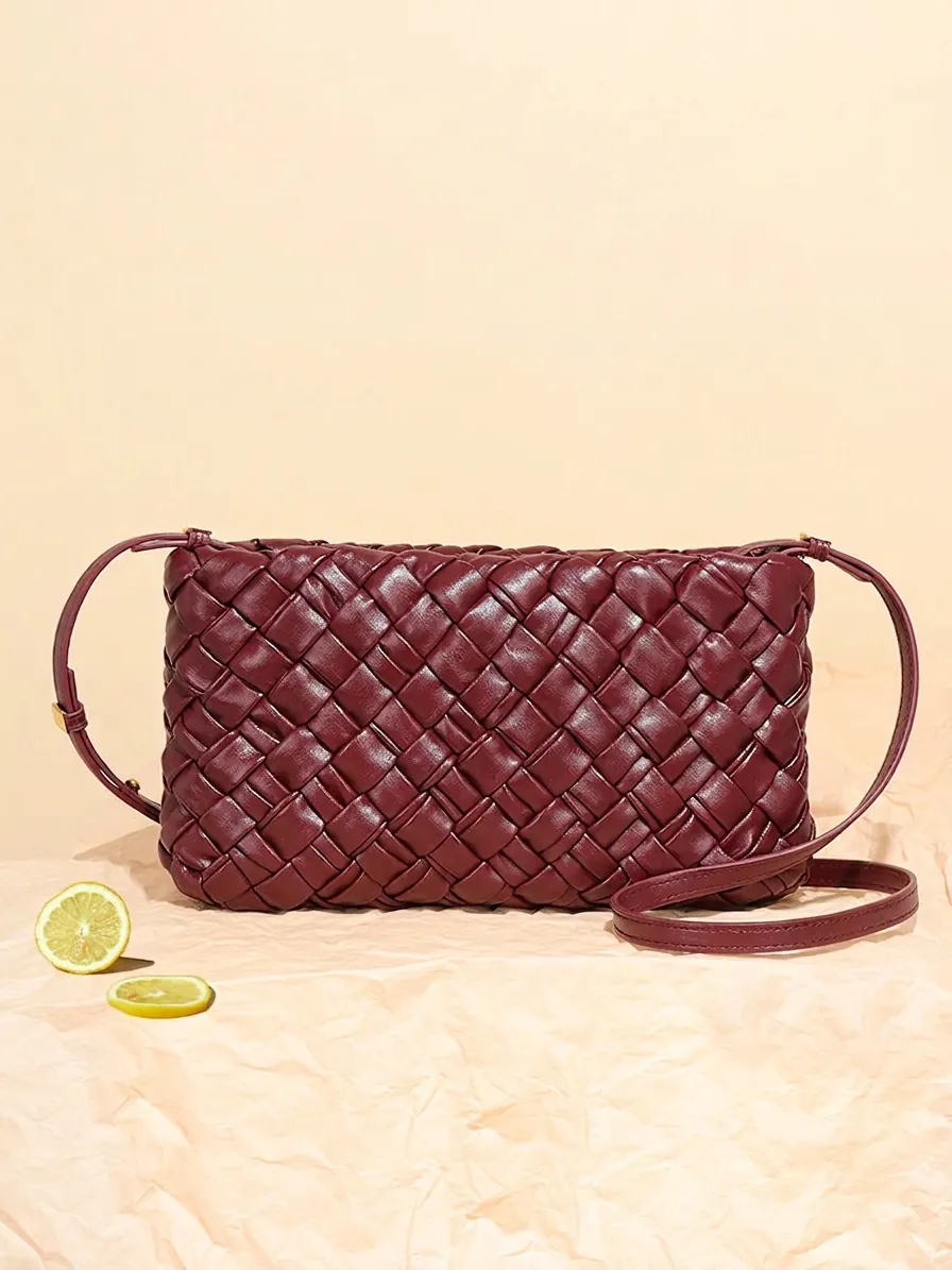 Woven PU Leather Crossbody Bag For Women Intrecciato Pattern Shoulder Handbag With Adjustable Strap Solid Color Minimalist