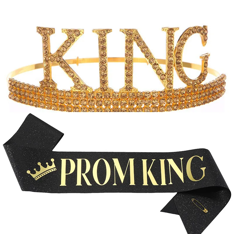 Prom King Crown And Sash Alloy Rhinestone Tiara Glitter Fabric Shoulder Strap Men Party Decorations Graduation Gift