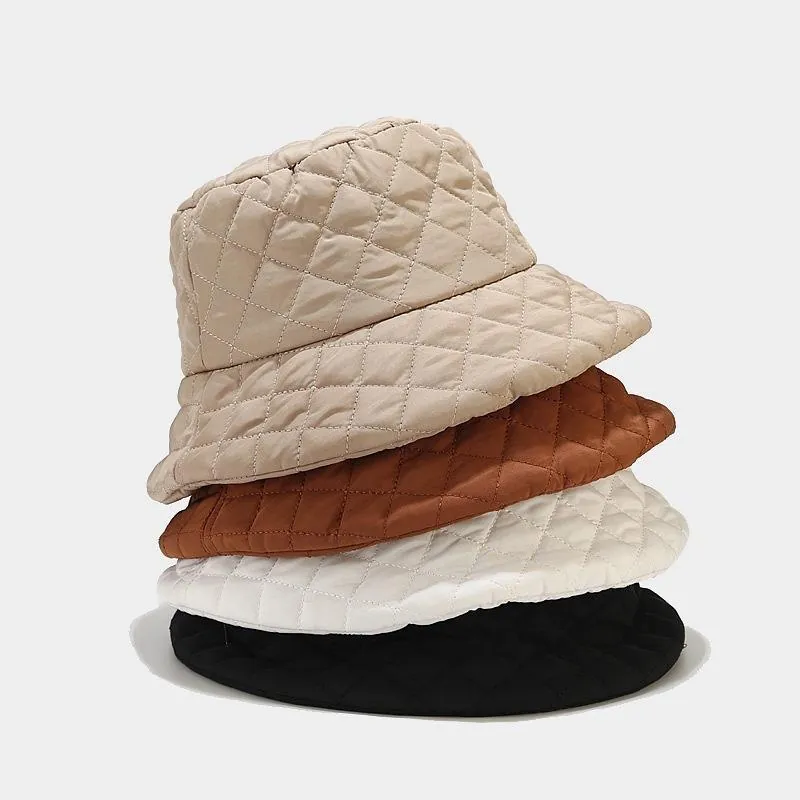 Women Quilted Bucket Hat Diamond Pattern Warm Padded Solid Color Fashion Windproof Lightweight Basin Hat