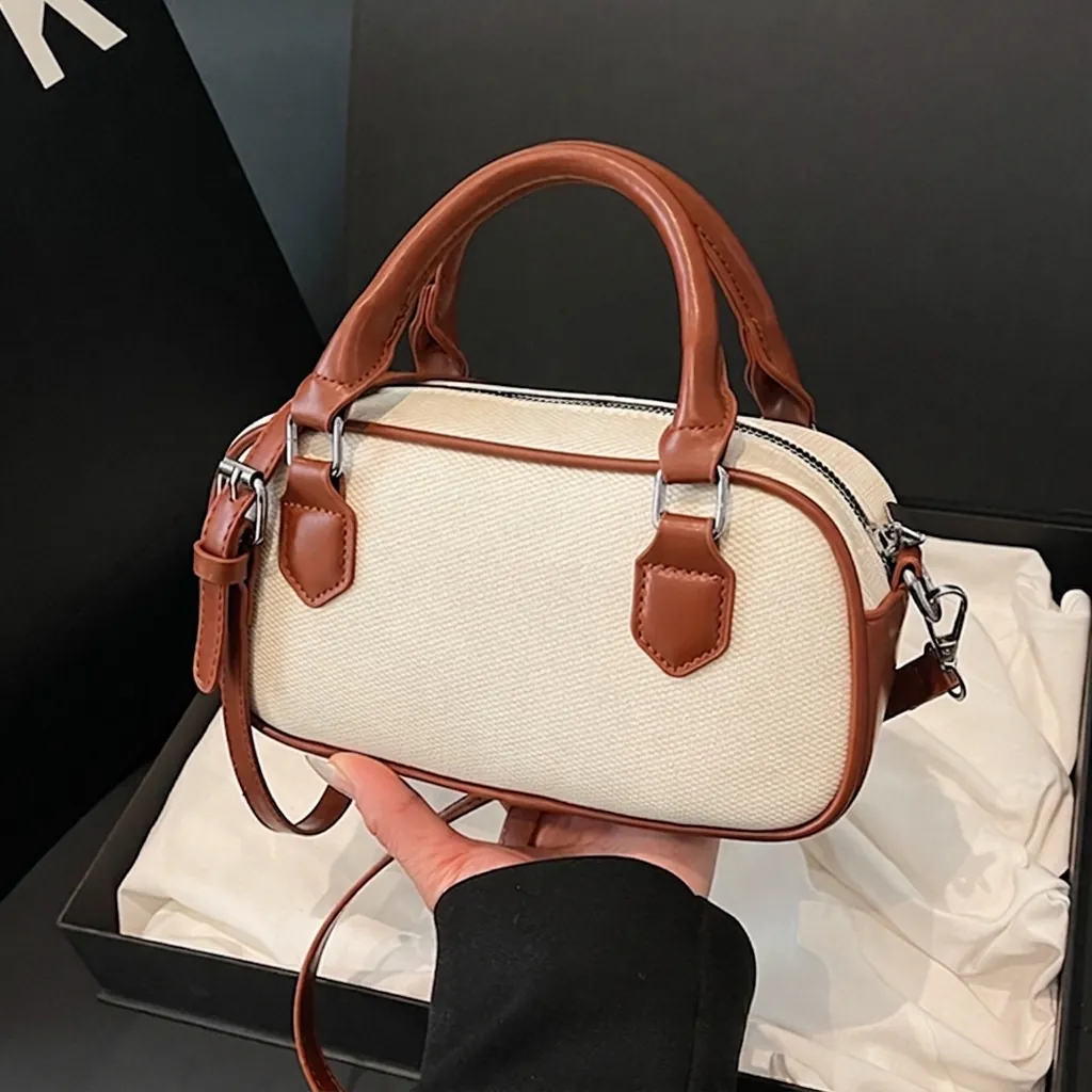 Women Crossbody Boston Bag PU Leather Fabric Color Block Contrast Shoulder Handbag With Adjustable Strap