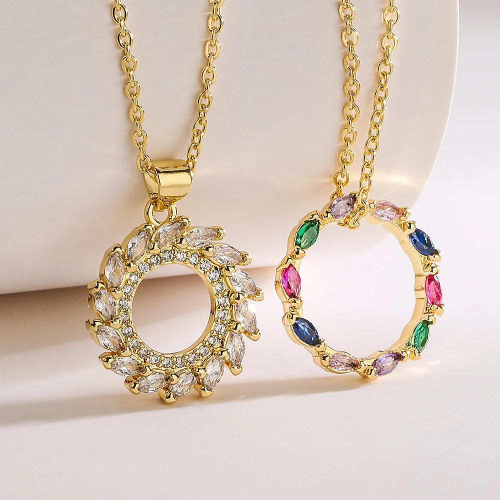 Round Geometric Pendant Necklace Copper Gold Plated Colorful Zircon Inlay Chic Luxury Fashion Jewelry For Women