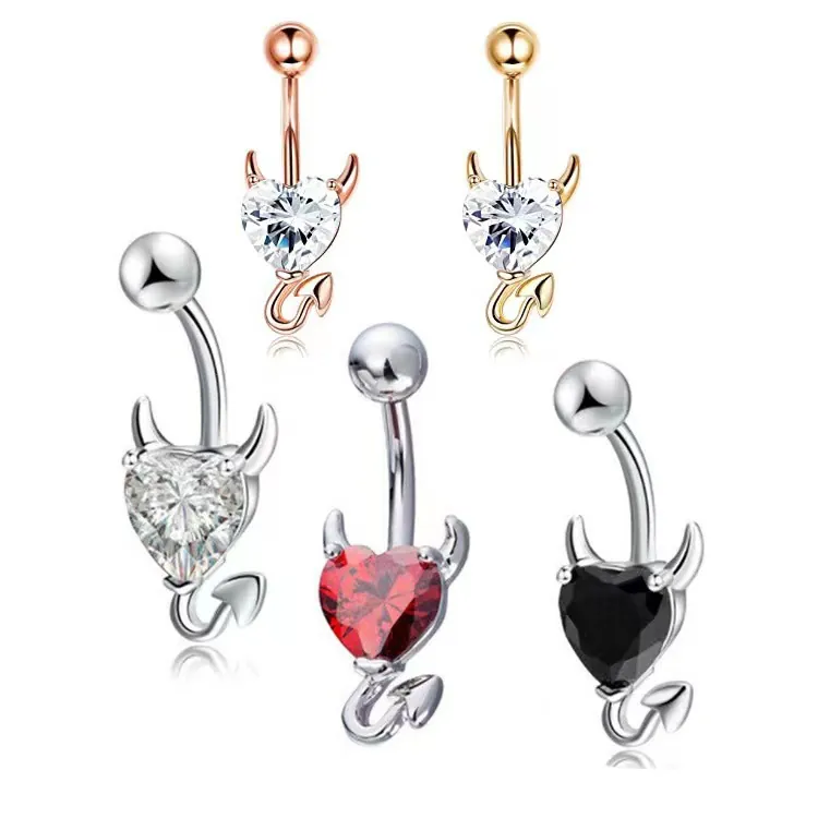 Belly Button Ring 316L Stainless Steel Heart Cubic Zirconia Little Devil Horns Tail Body Piercing Jewelry