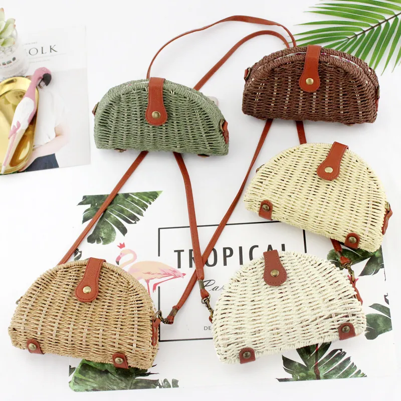 Semicircular Straw Woven Crossbody Bag Paper Rope Rattan Handmade Small Beach Shoulder Purse For Women