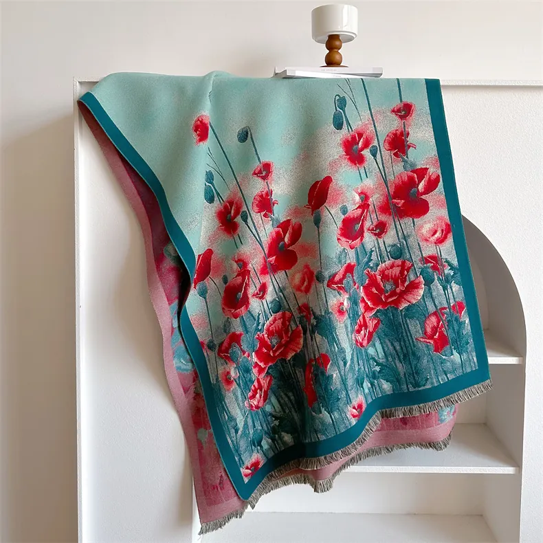 Damen Elegant Kaschmir-Ähnlich Acryl Blumen Schultertuch Schal Mit Quasten Blaugrün Rot Jacquard Warm Winter Schal Für Büro Haus