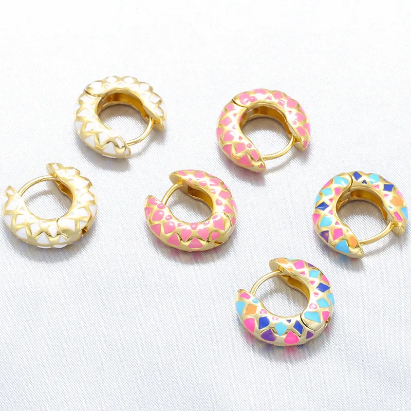 Geometric Rhombic Pattern Enamel Hoop Earrings Copper Gold Plated Colorful Mosaic Jewelry For Women