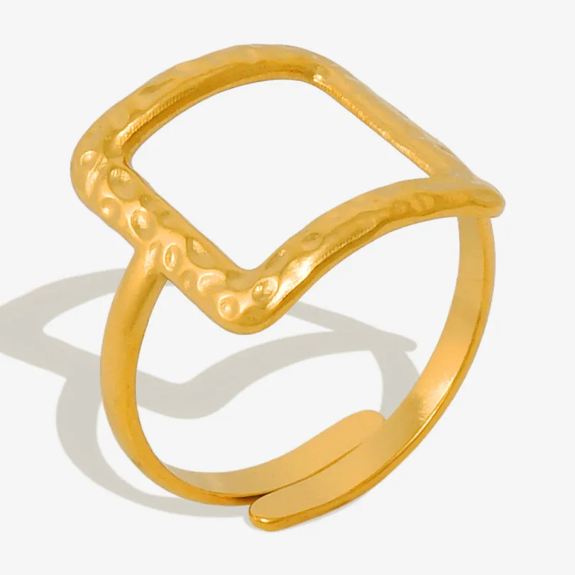 Geometric Square Ring 304 Stainless Steel 18K Gold Plated Hammered Texture Adjustable Open Band Minimalist Vintage Style For Women