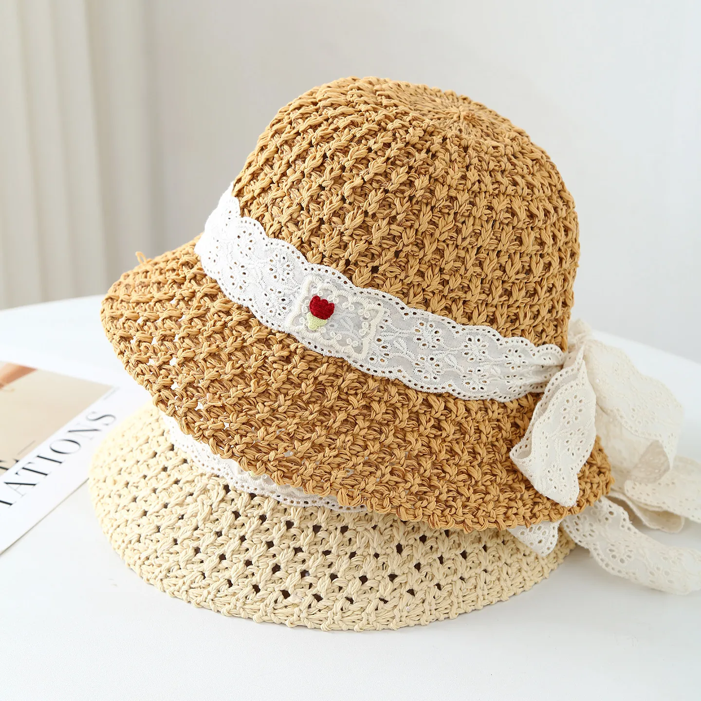 Woven Straw Sun Hat With Wide Brim Lace Ribbon Bow And Flower For Women Summer Beach Travel UV Protection Sweet