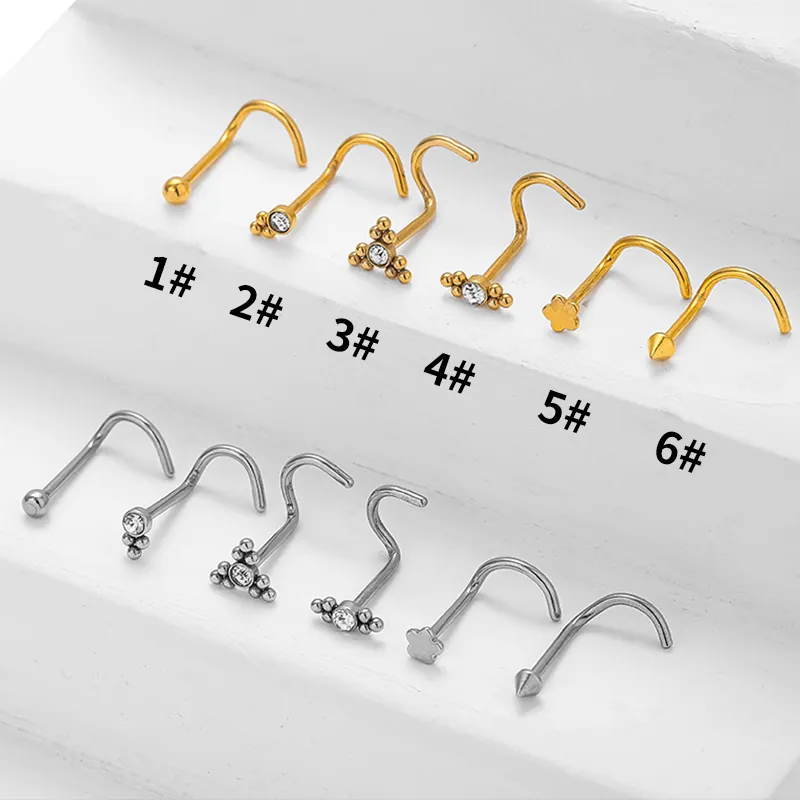 316L Stainless Steel Nose Stud L-Shaped S-Shaped Nose Piercing Jewelry For Women Men Rhinestone Inlaid Curved Nose Bone Ring