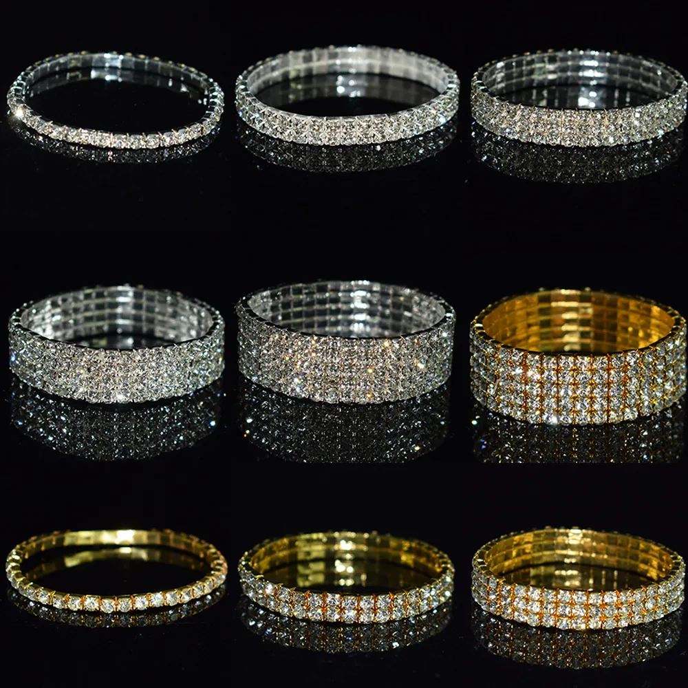 Elegant Stretchy Rhinestone Bracelet And Elastic Ring Alloy Crystal Multi Row Wide Bling Bridal Wedding Party Jewelry