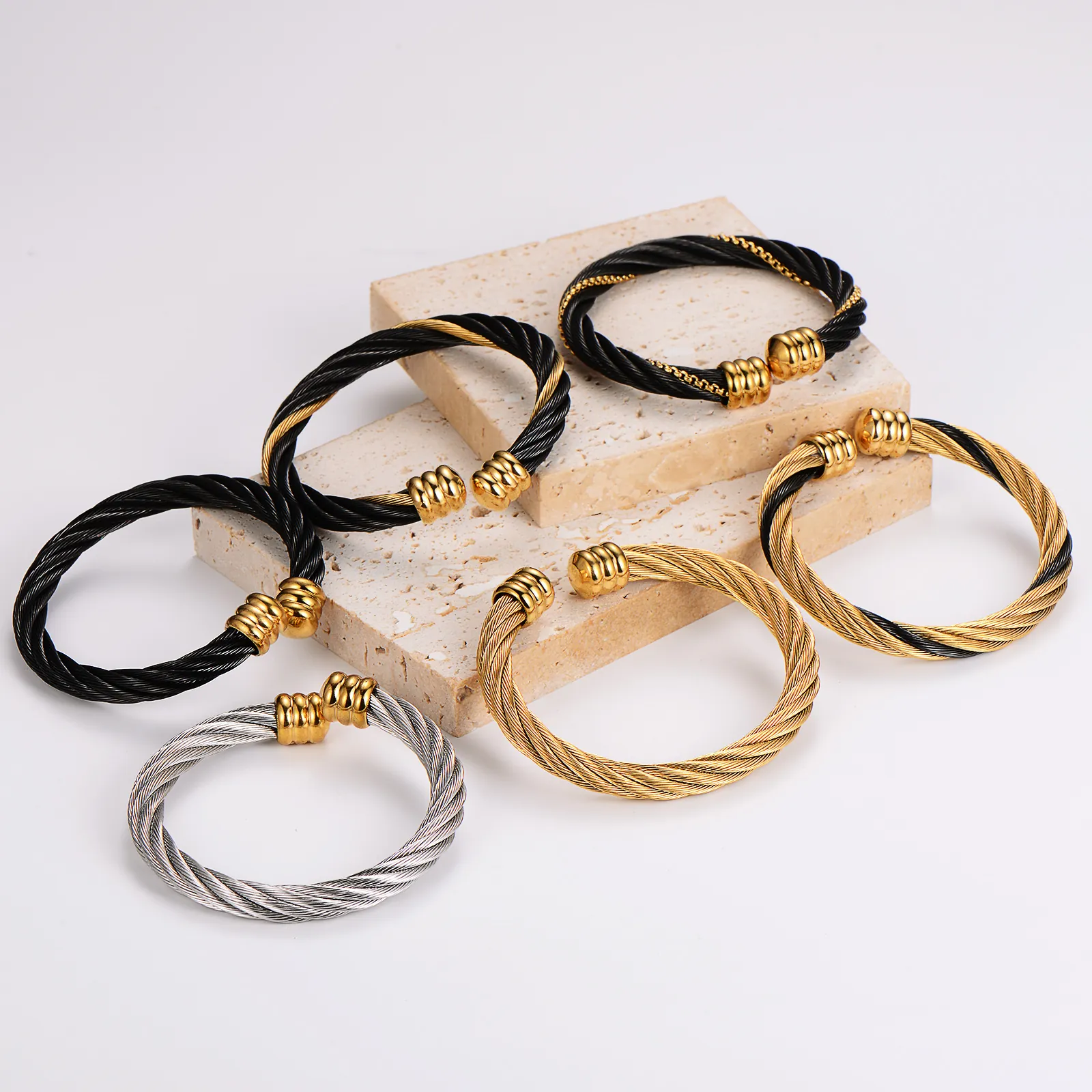 Stainless Steel Twisted Cable Wire Bracelet Open Adjustable Minimalism Fashion Commuter Bangle For Women Men