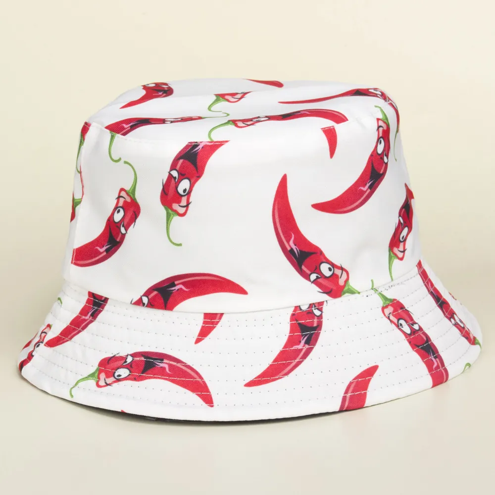 Cartoon Chili Pepper Print Bucket Hat Cotton Canvas Sun Protection Outdoor Cute Korean Style Unisex Fisherman Cap