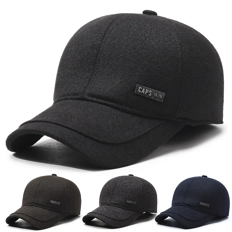 Men Winter Woolen Baseball Cap With Ear Flaps Warm Windproof Outdoor Adjustable Sport Hat