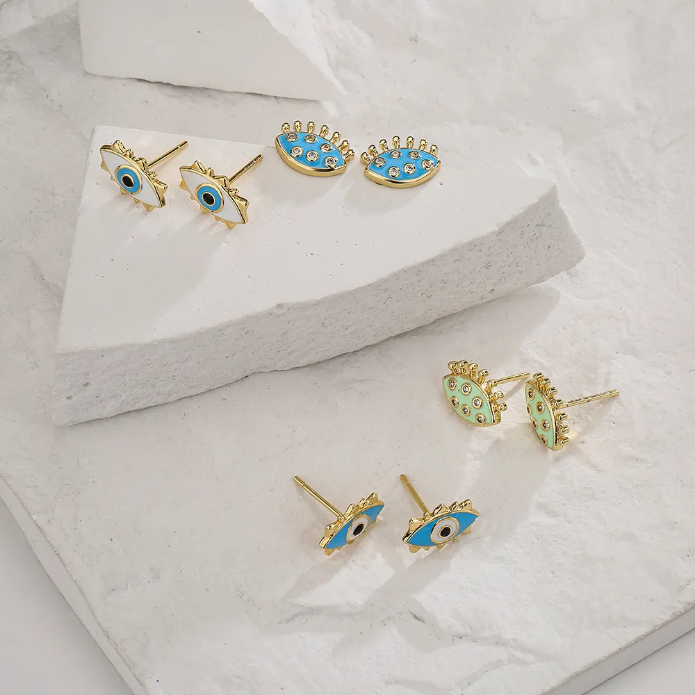 Pendientes De Mal De Ojo Cobre Bañado En Oro 18K Esmalte Zircón Geométrico Retro Joyería Para Mujeres