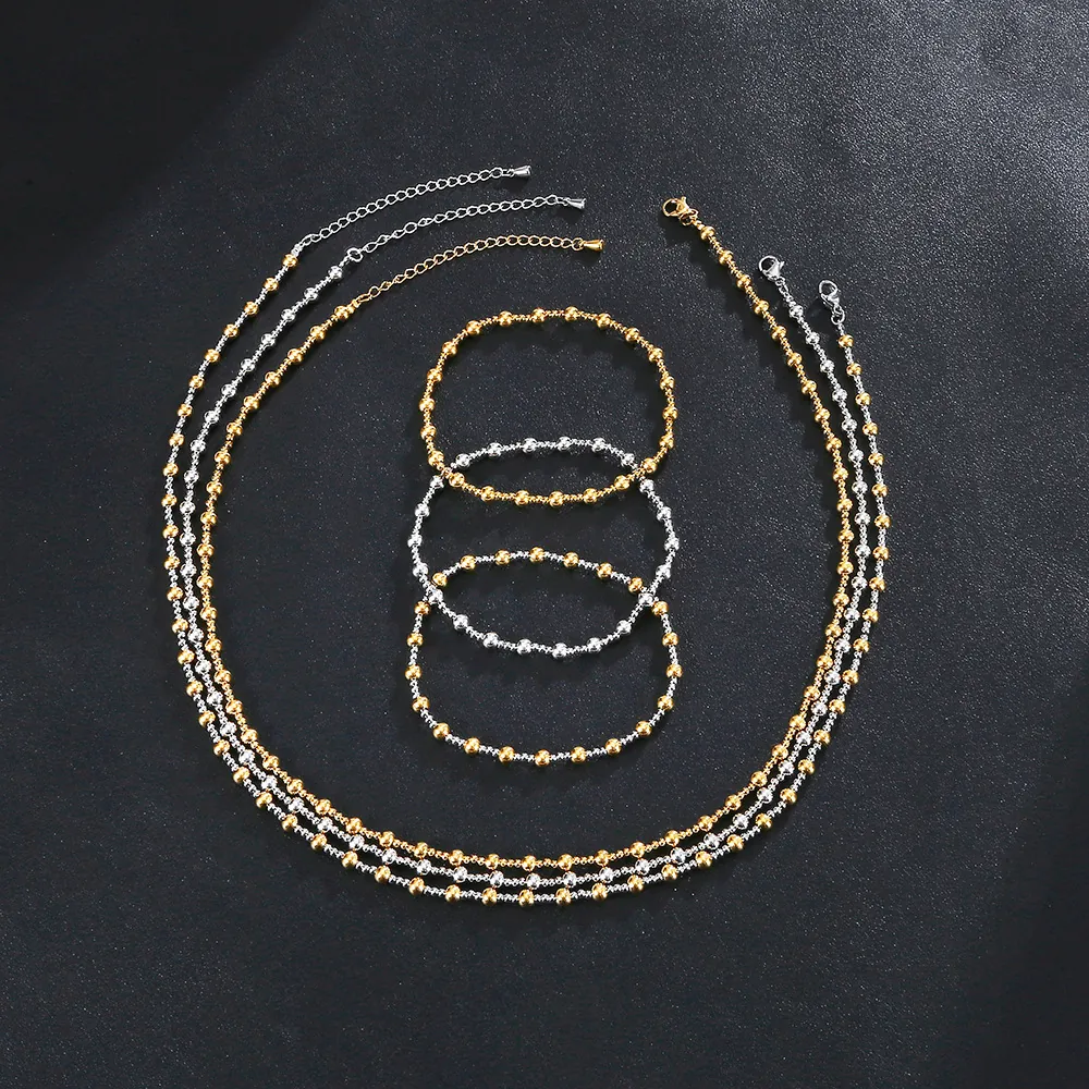 Stainless Steel Necklace And Bracelet Beaded Ball Chain Non Tarnish Waterproof Minimalist Elegant Jewelry For Women