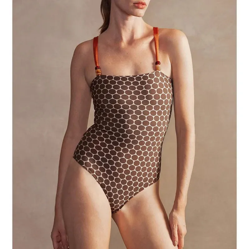Reversible Swimsuit And Geometric Print Wrap Skirt Polka Dot Backless Orange Straps Vacation Beachwear Women