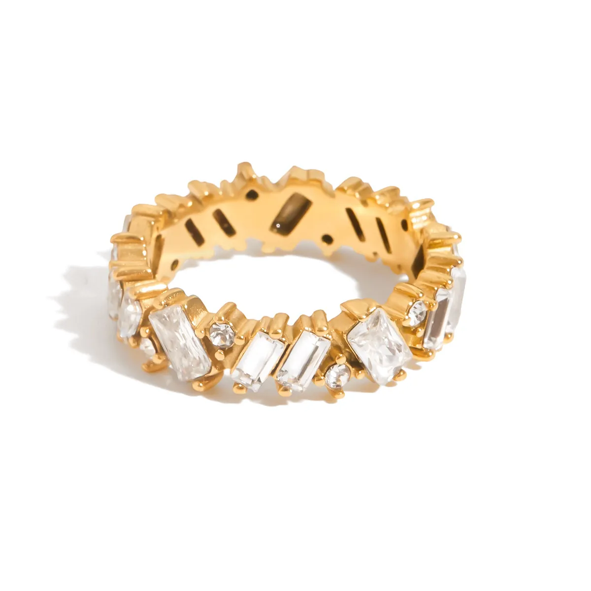 18K Vergoldeter Edelstahl Ring Für Damen Geometrisch Mit Runden Und Baguette Weißen Zirkonia Minimalistischer Schmuck