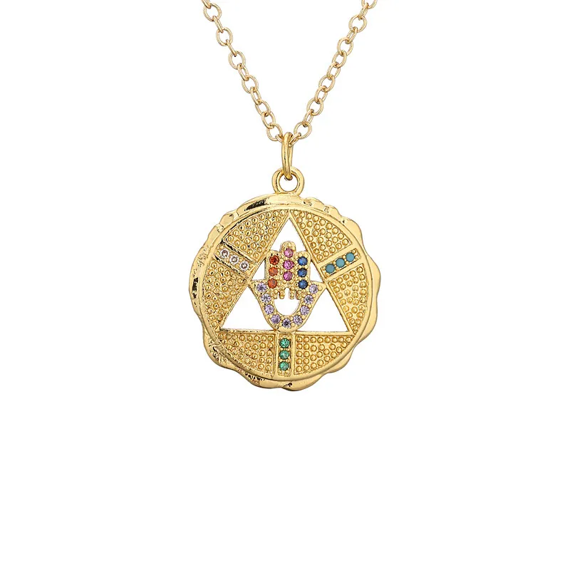 Collier Pendentif Main De Hamsa Mauvais Oeil Cuivre Zircon Coloré Incrusté Bijoux Bohème Ethnique Amulette Femmes