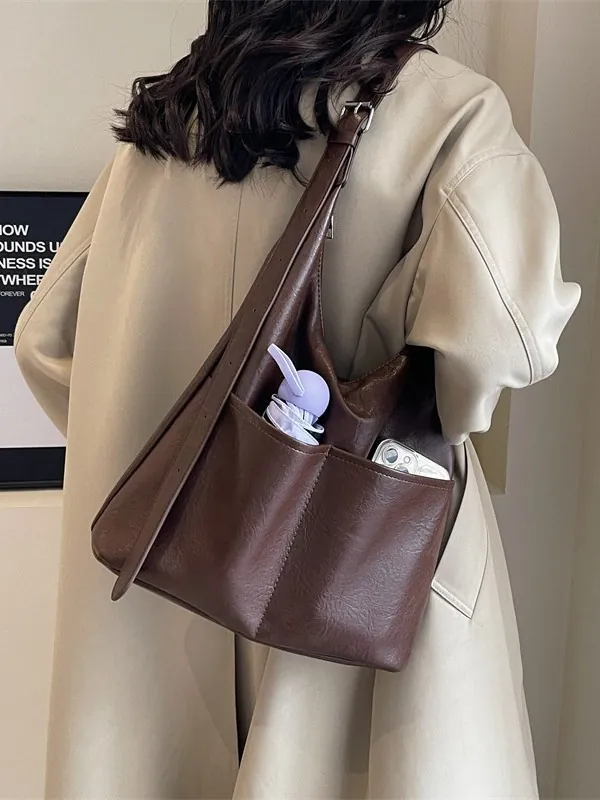 Soft PU Leather Tote Shoulder Bag Large Capacity Outer Pockets Minimalist Underarm Handbag With Inner Pouch