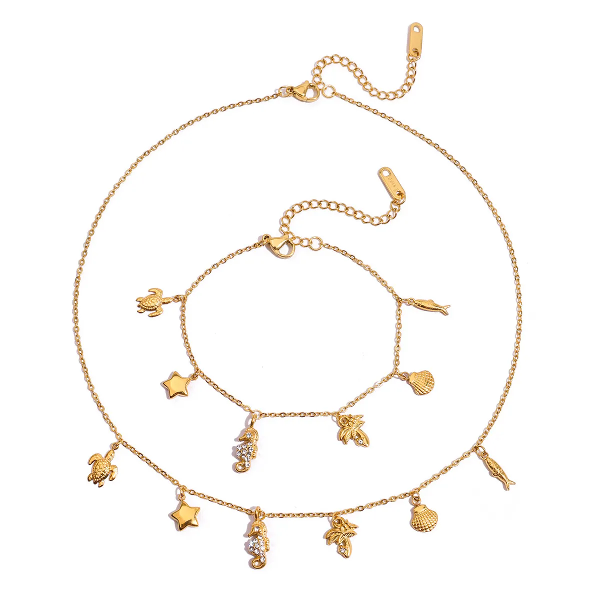 Collana in Acciaio Inossidabile Placcato Oro Tema Marino Con Ciondoli Ippocampo Tartaruga Stella Marina Palma Gioielli Strass
