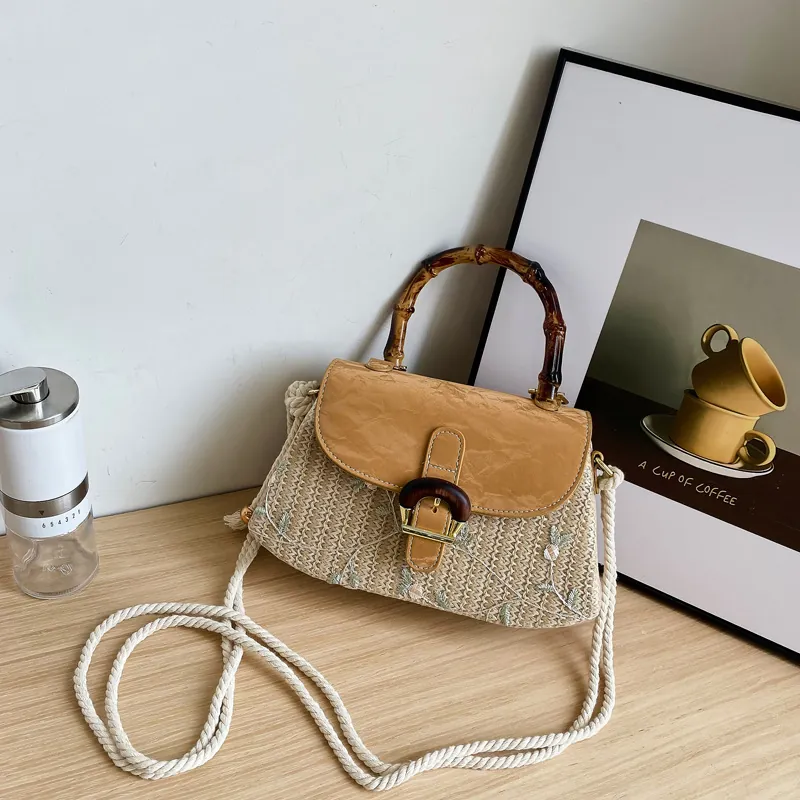 Straw Woven Crossbody Bag Floral Embroidery Bamboo Handle PU Leather Flap Retro Summer Vacation Handbag For Women