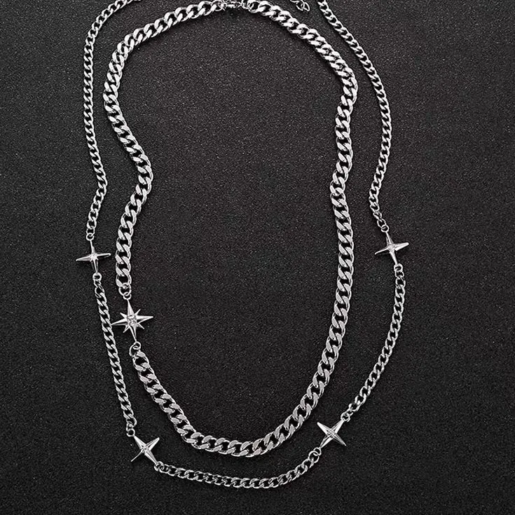 Double Layered Star Pendant Necklace Men Titanium Steel Cuban Chain Hip Hop Trendy Jewelry With Rhinestones