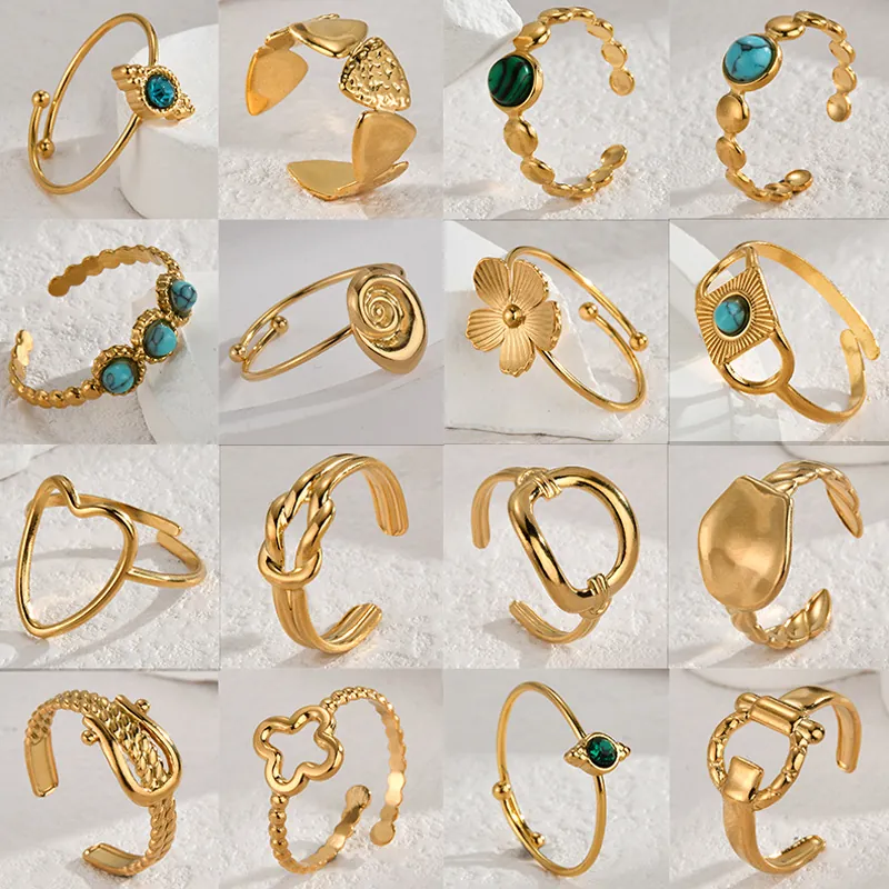 Geometric Open Rings For Women Stainless Steel Adjustable Turquoise Flower Heart Knot Snake Elegant Fashion Jewelry