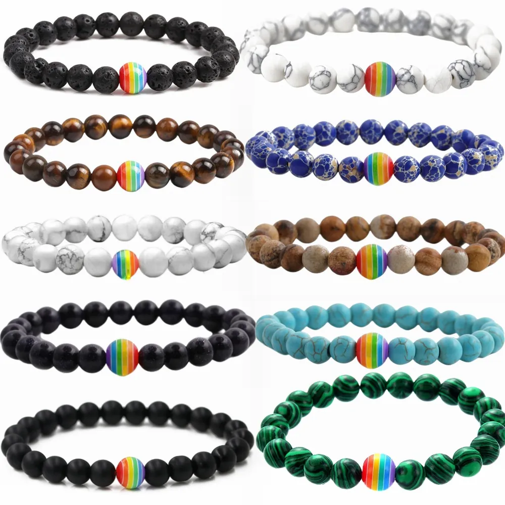 Bracelet En Perles De Pierre Naturelle Avec Perle Rayée Arc-En-Ciel Élastique Bijoux Unisexe Lave Volcanique Œil De Tigre Turquoise