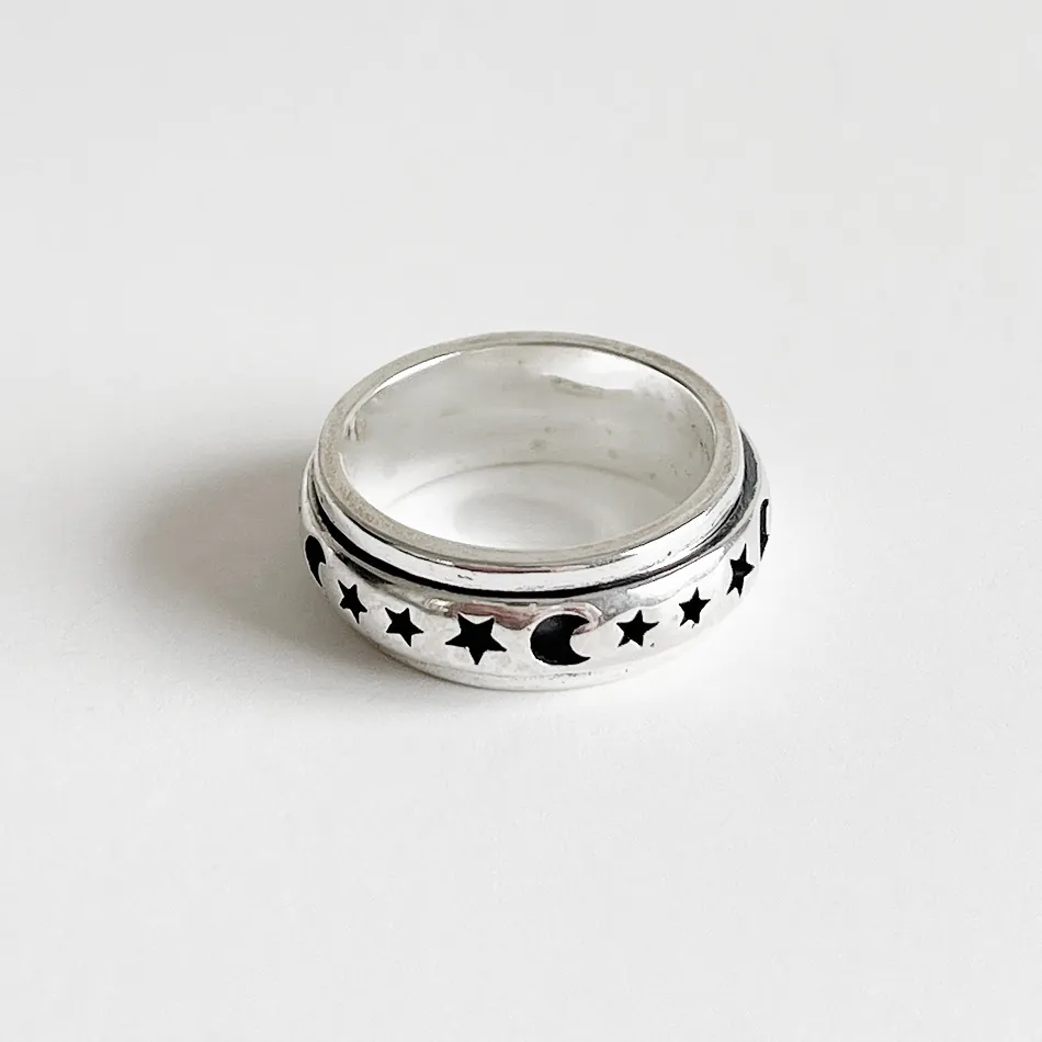 925 Sterling Silver Star Moon Spinner Ring Vintage Anxiety Stress Relief Wide Band Rotating Jewelry For Women