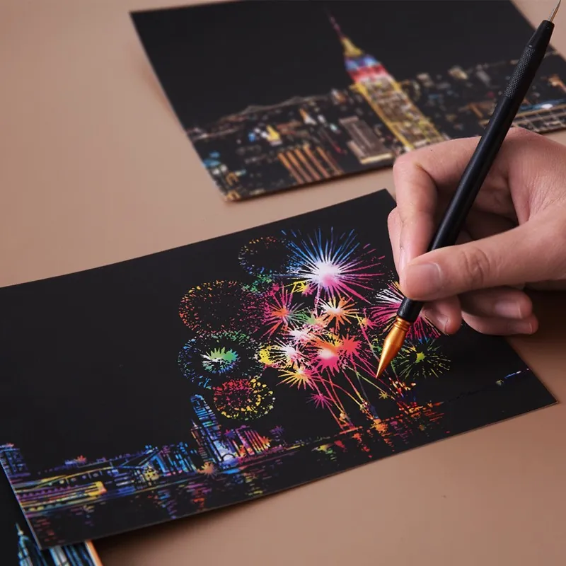 Scratch Art Postcards DIY Night View City Architecture Rainbow Color Paper Painting Gift For Adults And Kids