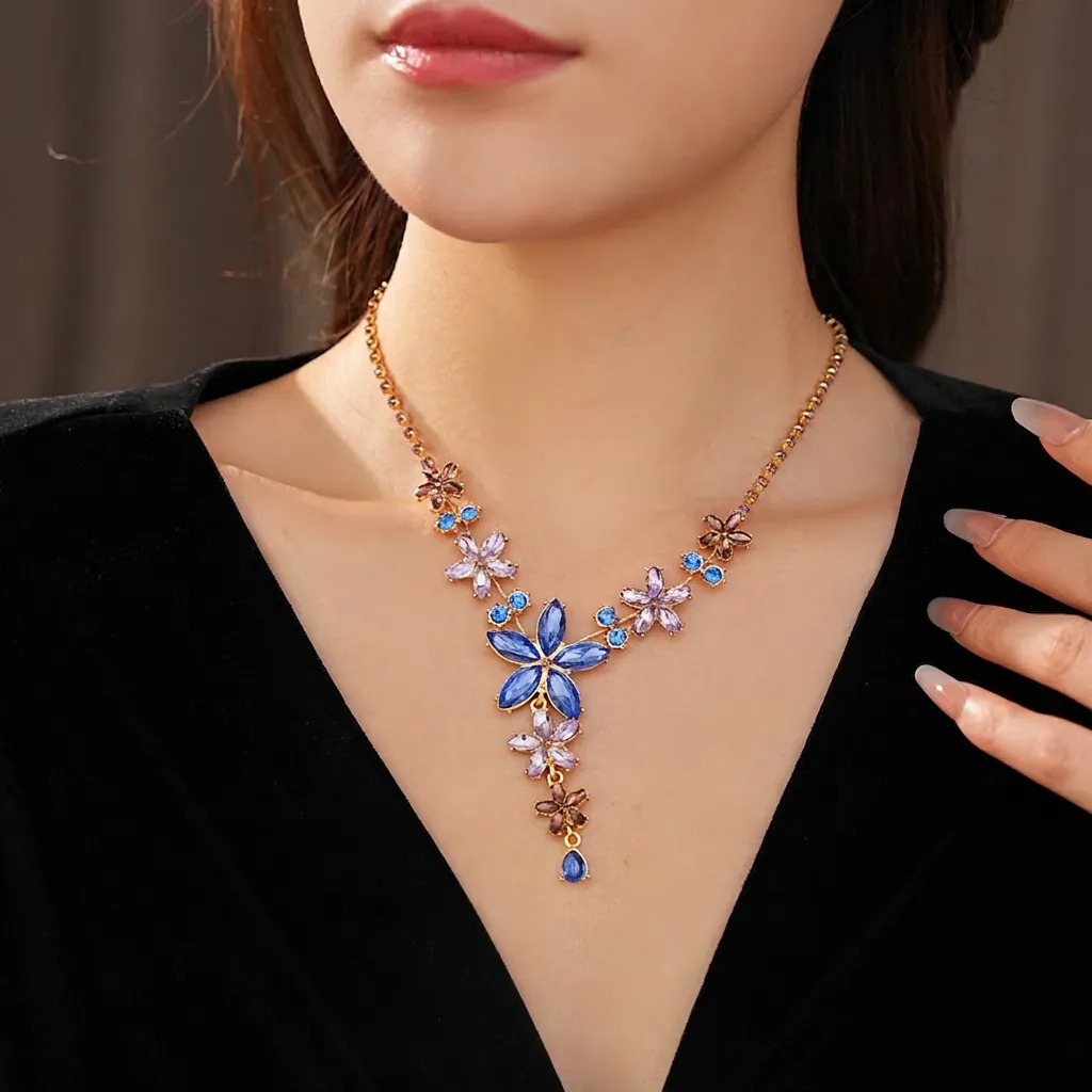 Collier De Fleurs Vintage Strass Alliage Cristal Coloré En Forme De V Pendentif Larme Style Royal Bijoux Femmes
