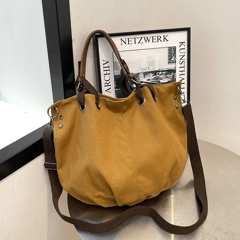 Large Capacity Vintage Canvas Tote Bag For Women Solid Color Commuter Shoulder Bag With Adjustable Strap Fashion Handbag