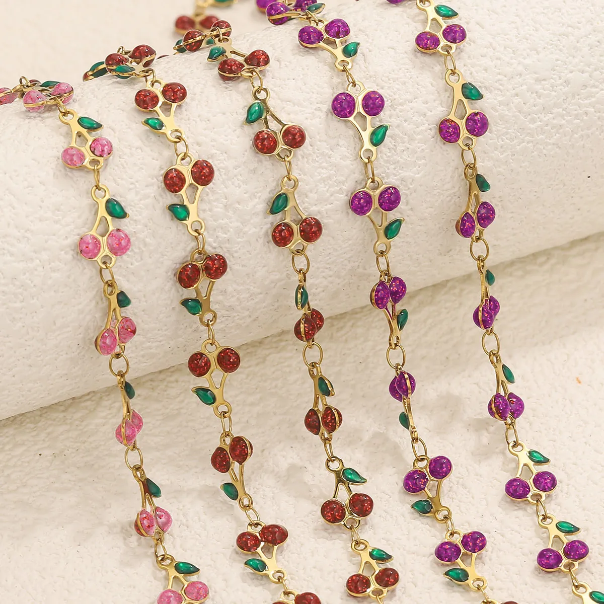 Stainless Steel Cherry Charm Link Chain Enamel Fruit Oil Drop For DIY Jewelry Making Necklace Bracelet Handmade Accessories