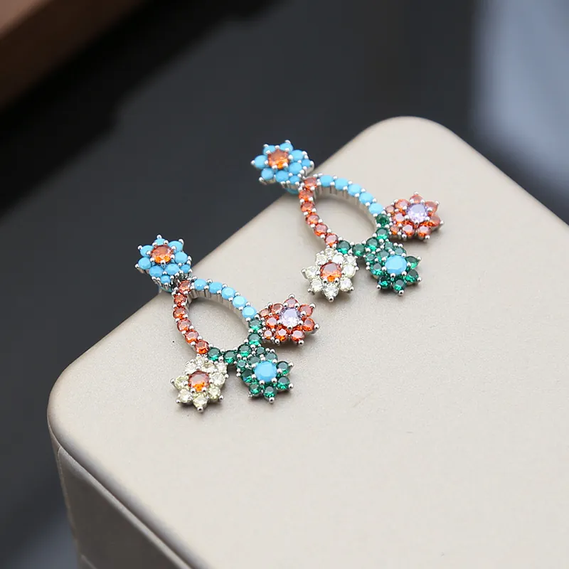 Colorful Zircon Flower Drop Earrings Copper Jewelry With 925 Sterling Silver Earring Post For Women Elegant Bohemian Style