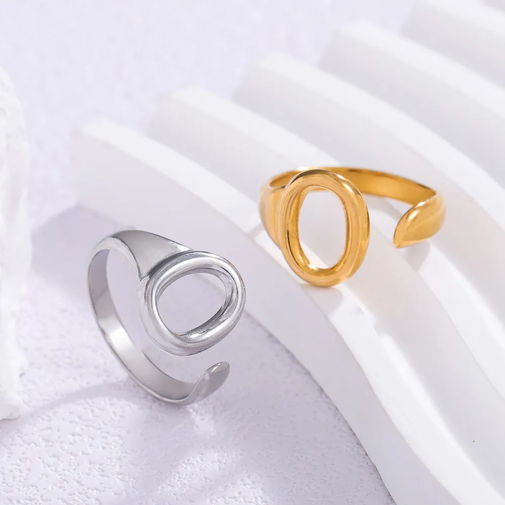 Minimalist Hollow Oval Ring 304 Stainless Steel Gold Plated Adjustable Open Geometric Jewelry For Women