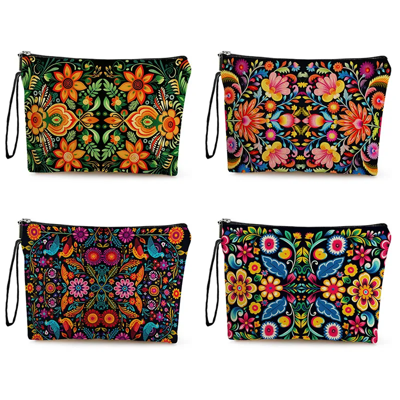 Floral Printed Makeup Bag Polyester Zipper Toiletry Pouch With Wristlet Portable Travel Cosmetic Storage Organizer Women