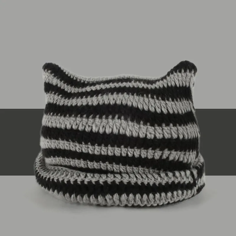 Striped Cat Ear Knitted Beanie Hat Warm Crochet Devil Ears Y2K Cute Kawaii Pullover Winter Cap For Women Girls