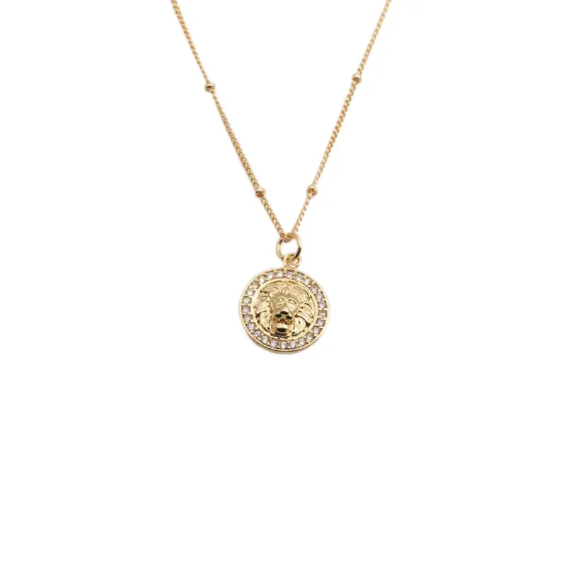 Collier Pendentif Tête De Lion Cuivre Zircon Incrusté Plaqué Or Chaîne À Perles Bijoux De Mode Hip Hop Punk Pour Femmes