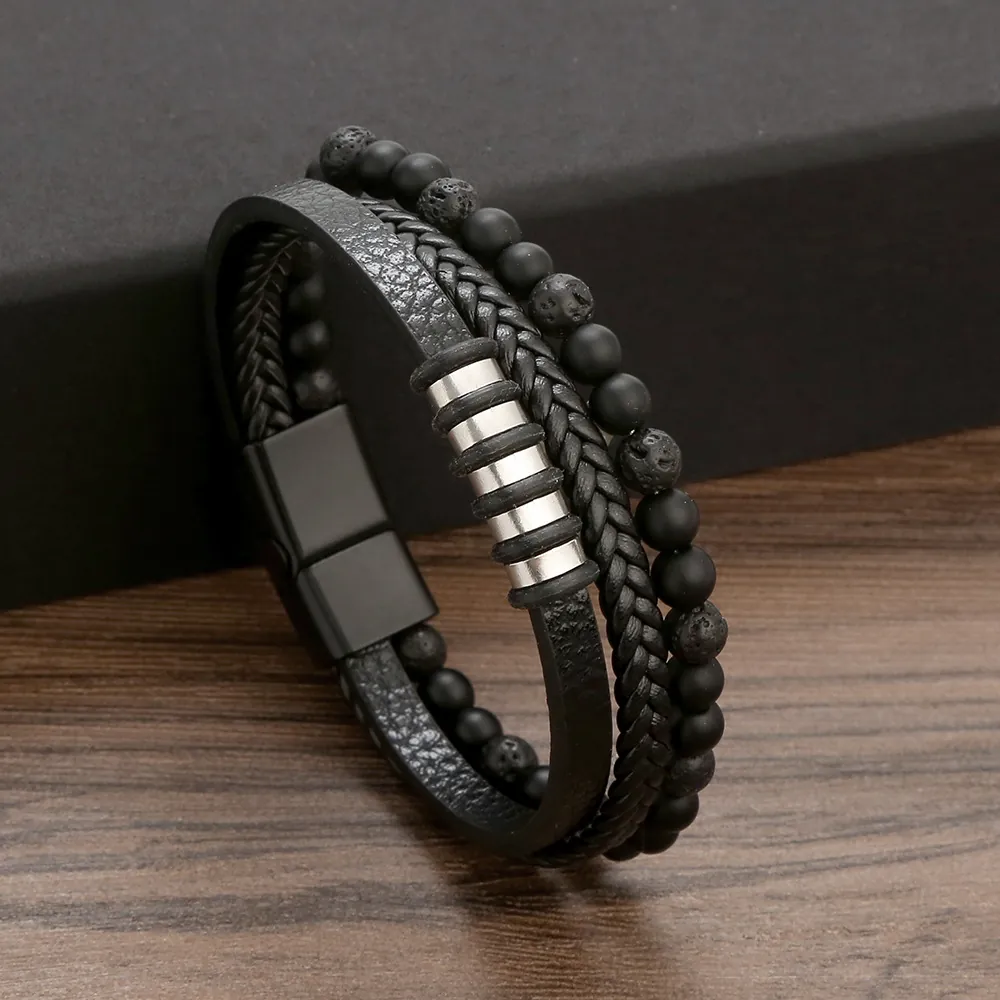 Men Multi-layer Leather Bracelet With Stainless Steel Magnetic Clasp Lava Stone Agate Beads Vintage Punk Style Jewelry