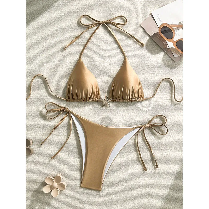 Bikini Traje De Baño Dorado Metálico Satén Estrella De Mar Encanto Metal Halter Lado Atado Triángulo Top Cintura Baja Sexy