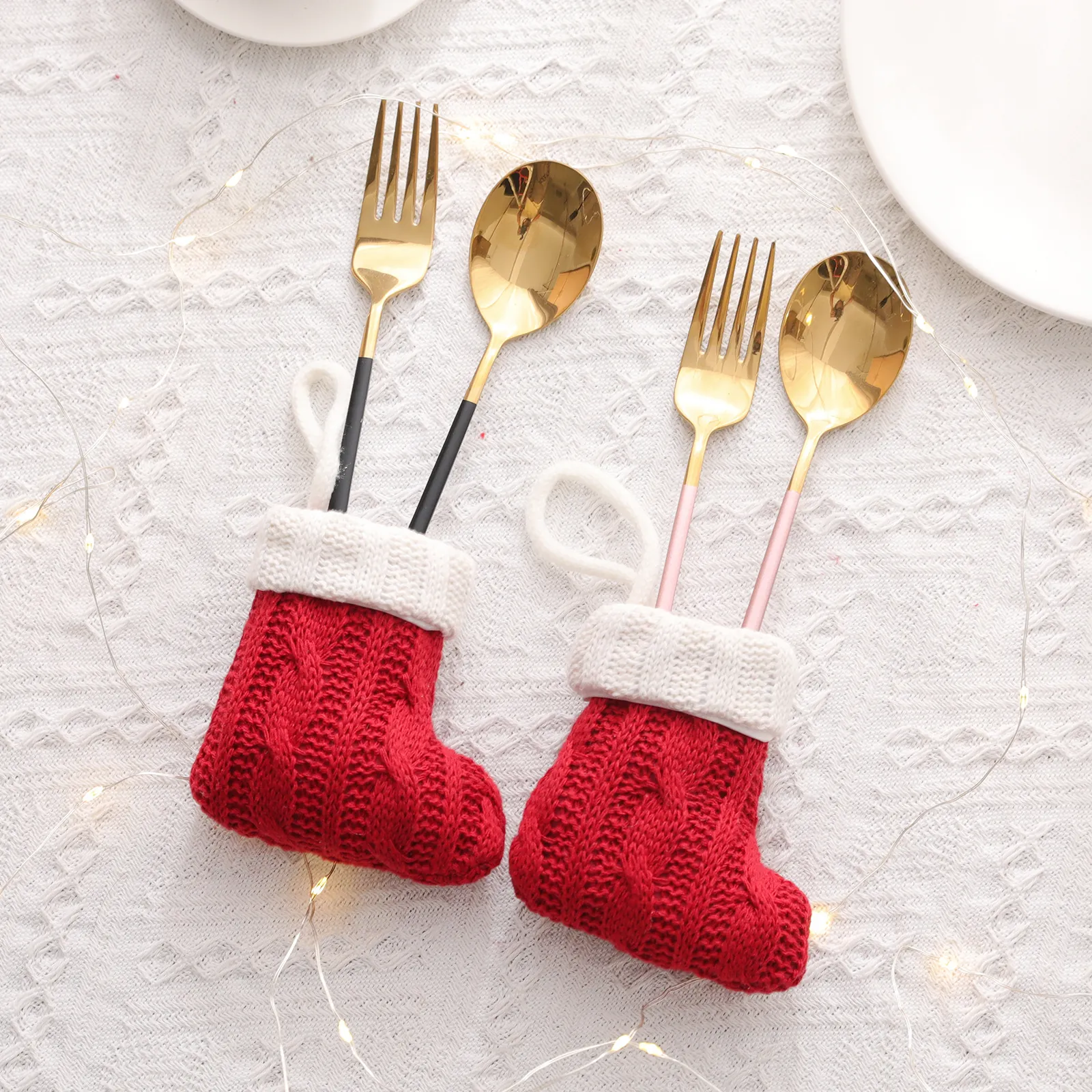 Mini Christmas Stocking Cutlery Holders Knitted Socks For Festive Table Decoration Red White Cable Knit Xmas Ornaments