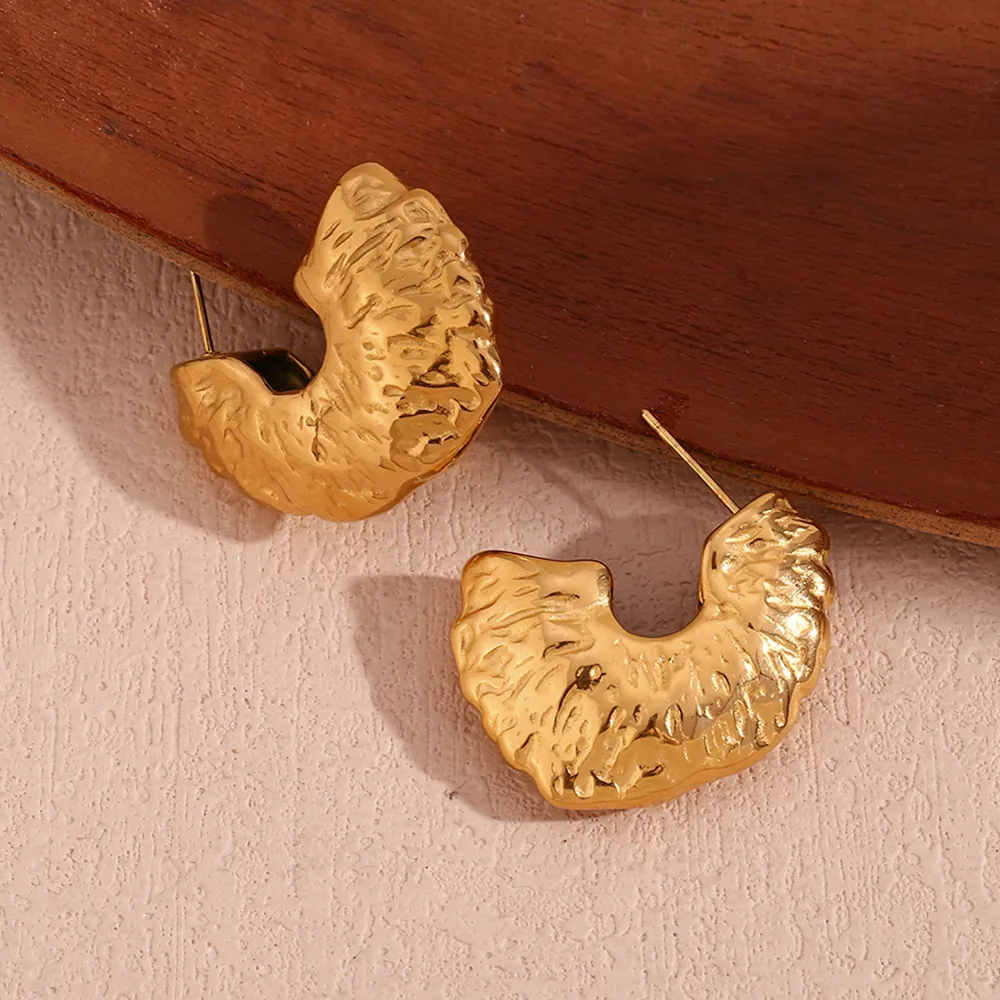 Hammered Fan Stud Earrings 18K Gold Plated 316L Stainless Steel Hollow Cutout Geometric C Shaped Jewelry For Women