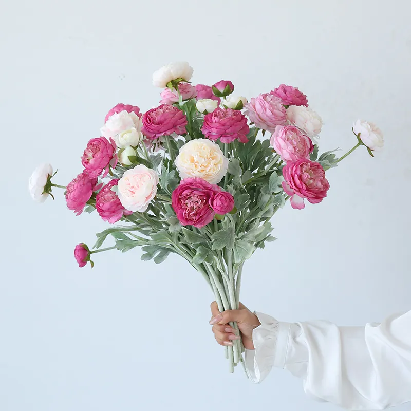 Artificial Ranunculus Satin Flower Branch Faux Persian Buttercup Flocked Stem Home Wedding Party Decorative Floral Arrangement
