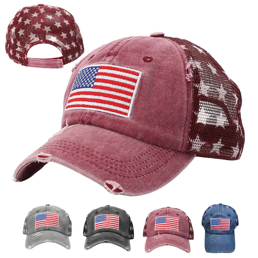 Distressed Baseball Cap Gewaschene Baumwolle Polyester Mesh US Flagge Stickerei Sternenmuster Trucker Hut Vintage Unisex
