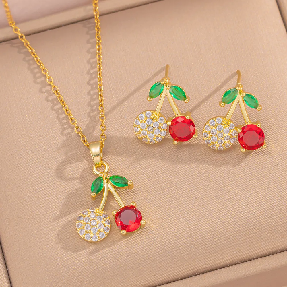 Kirsch Schmuckset Vergoldet Edelstahl Rot Grün Kristall Anhänger Halskette Ohrstecker Elegant Mode Damen