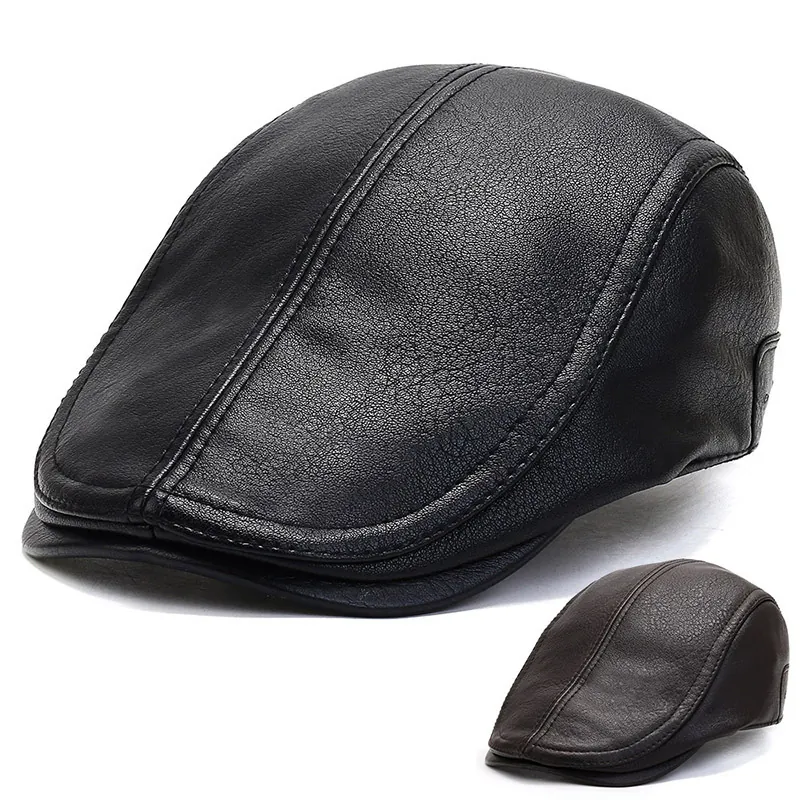 Men Vintage PU Leather Flat Cap Winter Warm Adjustable Ivy Hat Outdoor Fashion