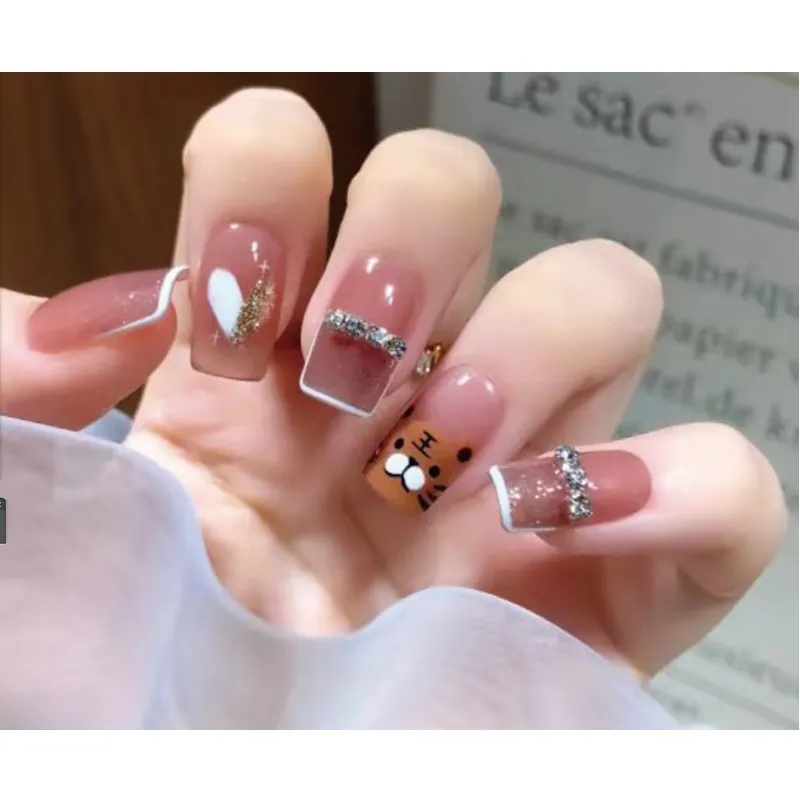 Cartoon Tiger Press On Nails Rhinestone Glitter Gradient French Style Square Shape Heart Pattern Manicure