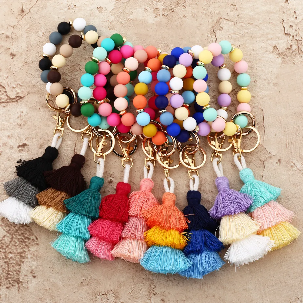 Portachiavi a Bracciale in Perline di Silicone alla Moda con Nappina a 3 Strati Stile INS Portachiavi a Braccialetto Colorato per Ciondolo Borsa Donna