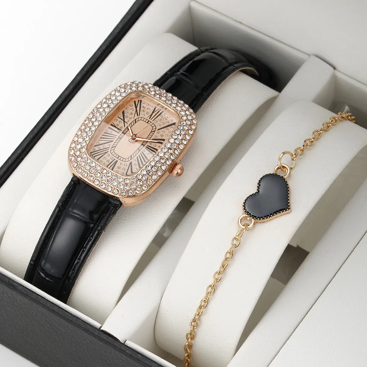 Luxury Women Quartz Watch And Bracelet Fashion Rhinestone Inlaid Rectangular Case Faux Leather Strap Roman Numerals Wristwatch