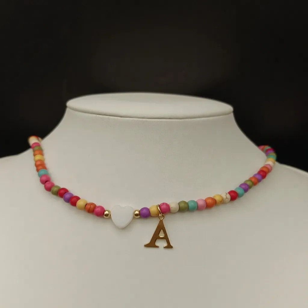 Colorful Beaded Necklace With Stainless Steel Gold Letter Pendant And Heart Charm Fashion Clavicle Chain For Women