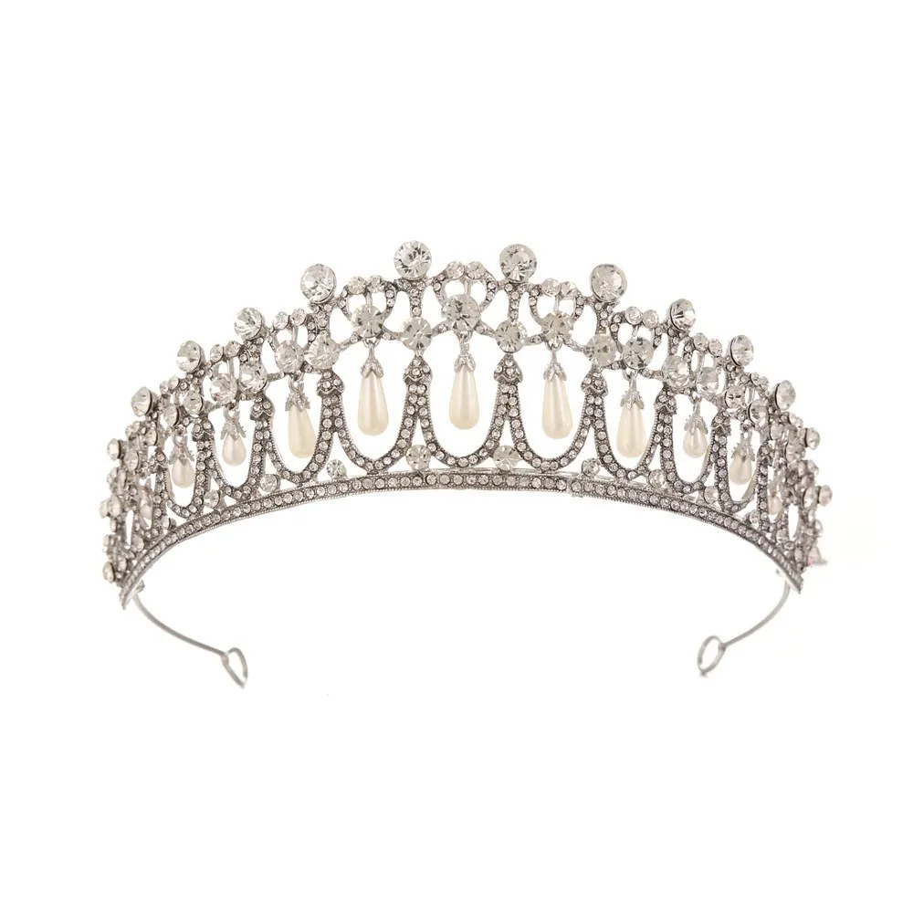 Corona Di Tiara Nuziale Barocca Lega Strass Perla Artificial Goccia D'acqua Accessori Per Capelli Matrimonio Stile Regina
